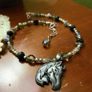 Handcrafted Black Lava Rock Horse Pendant Necklace